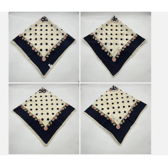RARE Christian Dior Large Scarf Polka Dot Bee Rose Pattern Black Pink  100 Silk - Picture 3 of 3